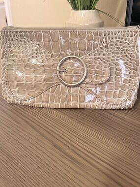 Beige Croc-Embossed Clutch with Decorative Ring